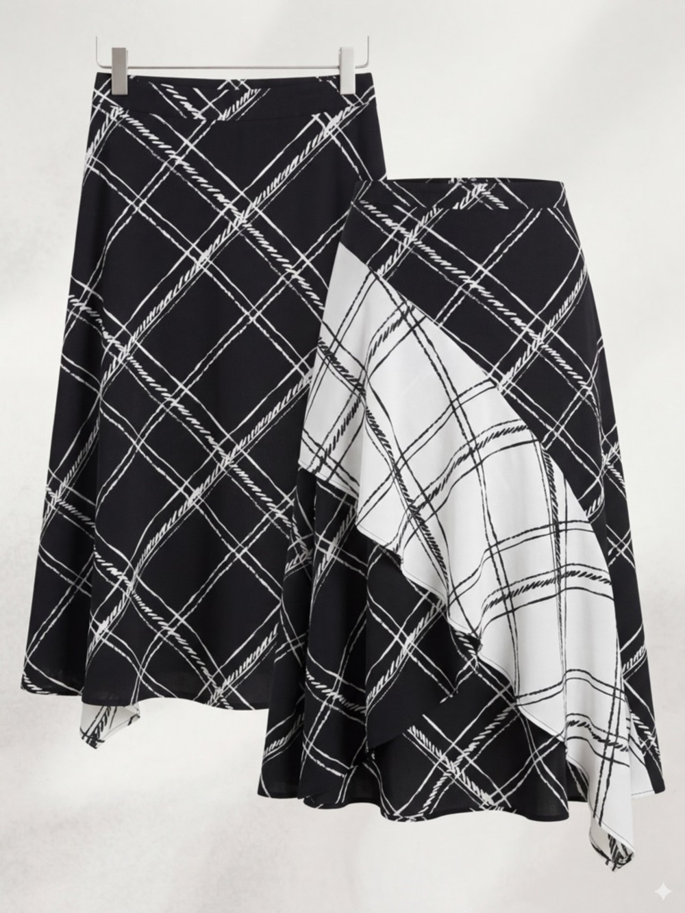 Nine West Black & White Plaid Asymmetrical Ruffle Midi Skirt - Size 10